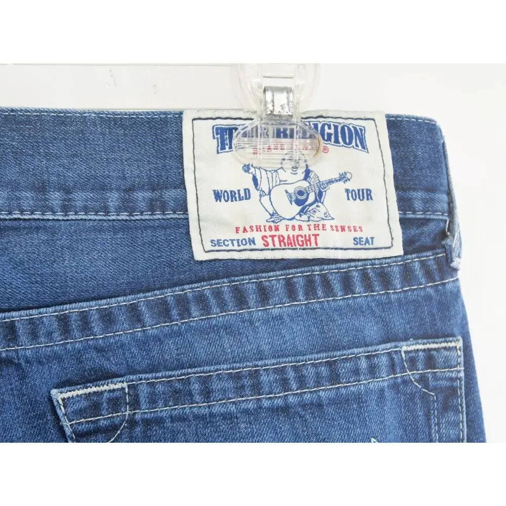 True Religion Straight Nat Jeans Men 33x34 MMD800TS Blue Thick Stitch Faded Wash